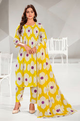 White & Yellow Printed floral design With Dupatta